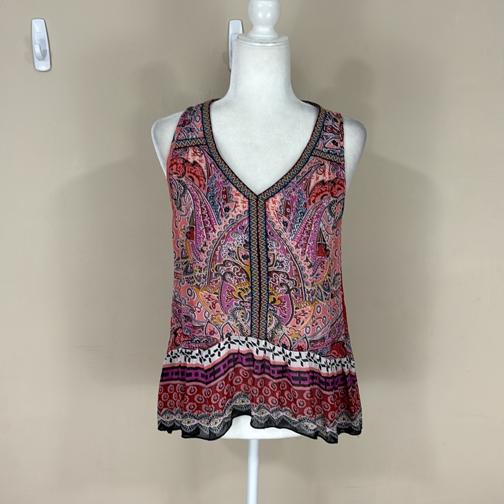 Patrons of Peace Sleeveless Mixed Print Semi-sheer Boho Top Size Medium